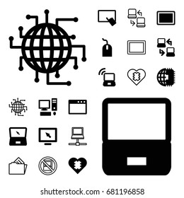 Pc icon. set of 20 pc filled and outline icons such as finger on tablet, mouse, tablet, laptop, laptop connection, pc, cpu in heart, cpu planet, document in folder, display