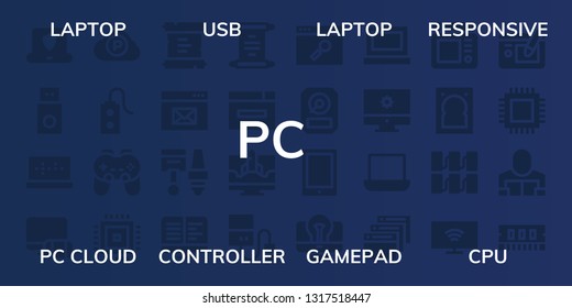 pc icon set. 32 filled pc icons. on blue background style Collection Of - Laptop, Usb, Responsive, Pc cloud, Controller, Gamepad, Cpu, Scroll, Browser, Components, Ebooks, Computer