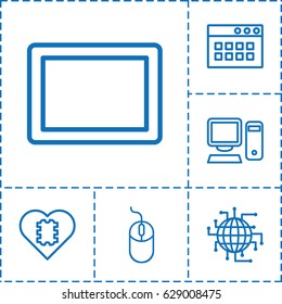 Pc icon. set of 6 pc outline icons such as mouse, tablet, pc, CPU in heart, CPU planet