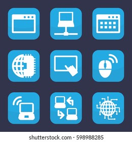 pc icon. Set of 9 filled pc icons such as finger on tablet, laptop connection, laptop signal, computer mouse, CPU planet, laptop