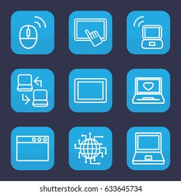 Pc icon. set of 9 outline pc icons such as finger on tablet, laptop with heart, tablet, laptop connection, computer mouse, cpu planet