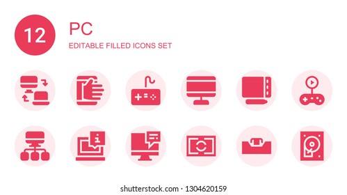 pc icon set. Collection of 12 filled pc icons included Responsive, Hacking, Gamepad, Screen, Graphic tablet, Computer, Laptop, Desk, Gameplay, Hard disc