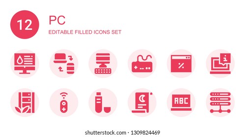 pc icon set. Collection of 12 filled pc icons included Computer, Responsive, Gamepad, Browser, Server, Controller, Usb, Scroll, Laptop