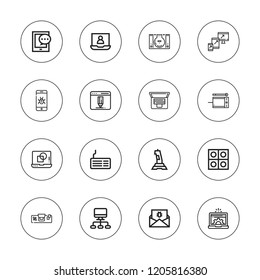 Pc icon set. collection of 16 outline pc icons with browser, computer, console, desk, device, joystick, laptop, keyboard, malware, tablet icons.