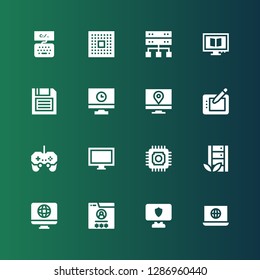 pc icon set. Collection of 16 filled pc icons included Laptop, Personal computer, Browser, Screen, Server, Cpu, Computer, Gamepad, Graphic tablet, Diskette, Keyboard