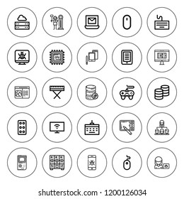 Pc icon set. collection of 25 outline pc icons with browser, computer, console, cpu, ebook, hacker, game, gamepad, laptop, keyboard, malware icons. editable icons.