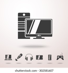 PC icon with shadow, and set of Gadget icons - notebook, phone, gamepad, tablet, pc, flash card, headphones. Vector