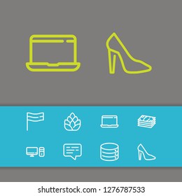 PC icon with shoe, hop and cash symbols. Set of money, stiletto, banner icons and database concept. Editable vector elements for logo app UI design.