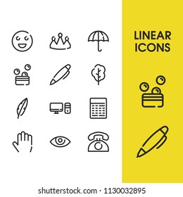 PC icon with umbrella, emoji and money symbols. Set of ink, accounting, crown icons and queen concept. Editable vector elements for logo app UI design.