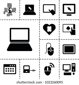 Pc icons. set of 13 editable filled pc icons such as laptop connection, finger on tablet, display, cpu in heart, tablet, browser window, computer mouse, pc, mouse, laptop