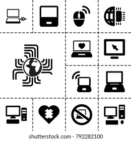 Pc icons. set of 13 editable filled pc icons such as display, laptop, cpu in heart, laptop with heart, pc, computer mouse