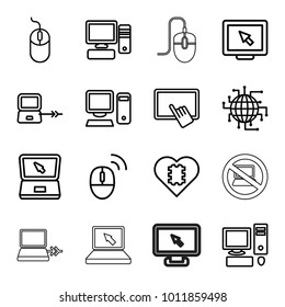 Pc icons. set of 16 editable outline pc icons such as laptop connection, finger on tablet, mouse, display, cpu in heart, cpu planet, laptop, pc, computer mouse