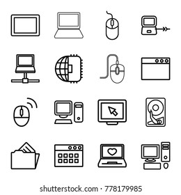 Pc icons. set of 16 editable outline pc icons such as laptop connection, mouse, display, cpu planet, laptop with heart, tablet, laptop, browser window, document in folder, pc