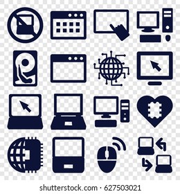 Pc icons set. set of 16 pc filled icons such as no laptop, finger on tablet, laptop, pc, laptop connection, computer mouse, hard disc, CPU in heart, CPU planet, display