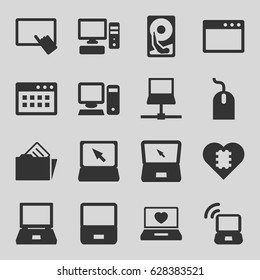 Pc icons set. set of 16 pc filled icons such as finger on tablet, mouse, laptop with heart, laptop, pc, document in folder, laptop signal, hard disc, CPU in heart
