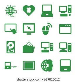 Pc icons set. set of 16 pc filled icons such as laptop connection, finger on tablet, tablet, pc, document in folder, computer mouse, hard disc, cpu in heart, cpu planet