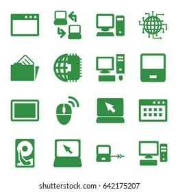 Pc icons set. set of 16 pc filled icons such as laptop connection, tablet, laptop, pc, document in folder, computer mouse, hard disc, cpu planet