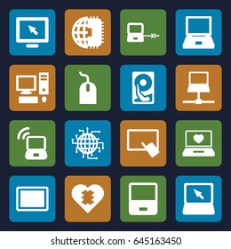 Pc icons set. set of 16 pc filled icons such as laptop connection, finger on tablet, mouse, laptop with heart, tablet, pc, hard disc, cpu in heart, cpu planet