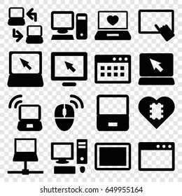 Pc icons set. set of 16 pc filled icons such as finger on tablet, laptop with heart, tablet, laptop, pc, computer mouse, cpu in heart, display