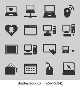 Pc icons set. set of 16 pc filled icons such as laptop connection, finger on tablet, mouse, laptop with heart, tablet, laptop, pc, document in folder, computer mouse