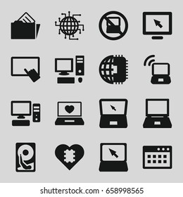 Pc icons set. set of 16 pc filled icons such as no laptop, finger on tablet, laptop with heart, pc, document in folder, hard disc, cpu in heart, cpu planet, display