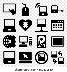 Pc icons set. set of 16 pc filled icons such as no laptop, laptop connection, finger on tablet, mouse, tablet, pc, hard disc, cpu in heart, cpu planet
