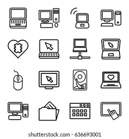 Pc icons set. set of 16 pc outline icons such as finger on tablet, mouse, laptop with heart, laptop, pc, document in folder, laptop signal, hard disc, display, cpu in heart