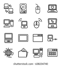 Pc icons set. set of 16 pc outline icons such as laptop connection, mouse, laptop with heart, tablet, document in folder, pc, computer mouse, hard disc, cpu planet