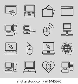 Pc icons set. set of 16 pc outline icons such as laptop connection, finger on tablet, mouse, laptop, pc, document in folder, computer mouse, cpu in heart, cpu planet