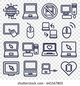 Pc icons set. set of 16 pc outline icons such as no laptop, laptop connection, finger on tablet, mouse, pc, computer mouse, display, cpu in heart