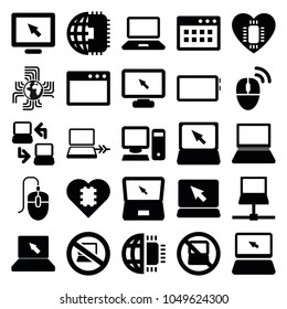 Pc icons. set of 25 editable filled pc icons such as no laptop, laptop, display, cpu in heart, cpu planet, browser window, pc, laptop connection, computer mouse, mouse