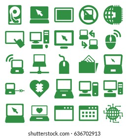 Pc icons set. set of 25 pc filled icons such as no laptop, laptop connection, finger on tablet, mouse, tablet, pc, document in folder, computer mouse, hard disc, cpu in heart