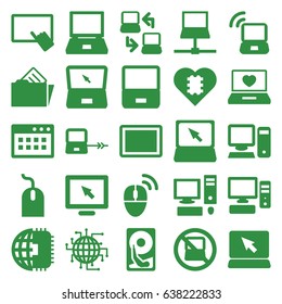 Pc icons set. set of 25 pc filled icons such as no laptop, laptop connection, finger on tablet, mouse, tablet, pc, document in folder, computer mouse, hard disc, cpu in heart