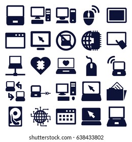Pc icons set. set of 25 pc filled icons such as no laptop, laptop connection, finger on tablet, mouse, tablet, pc, document in folder, computer mouse, hard disc, cpu in heart