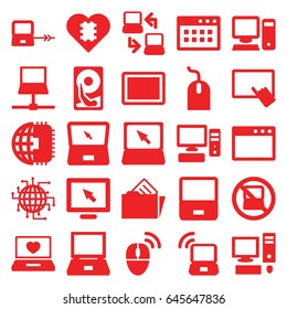 Pc icons set. set of 25 pc filled icons such as no laptop, laptop connection, finger on tablet, mouse, tablet, pc, document in folder, computer mouse, hard disc, cpu in heart