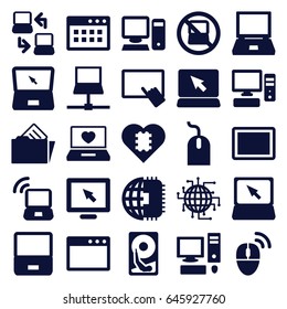 Pc icons set. set of 25 pc filled icons such as no laptop, finger on tablet, mouse, laptop with heart, tablet, pc, document in folder, computer mouse, hard disc, cpu in heart
