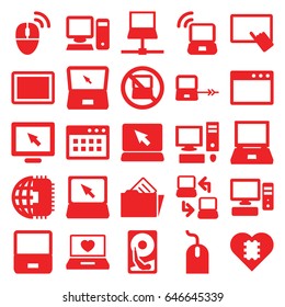 Pc icons set. set of 25 pc filled icons such as no laptop, laptop connection, finger on tablet, mouse, tablet, pc, document in folder, computer mouse, hard disc, cpu in heart