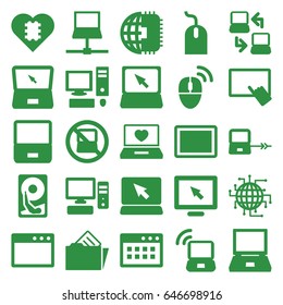 Pc icons set. set of 25 pc filled icons such as no laptop, laptop connection, finger on tablet, mouse, tablet, pc, document in folder, computer mouse, hard disc, cpu in heart