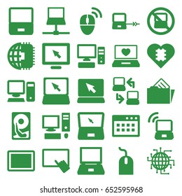 Pc icons set. set of 25 pc filled icons such as no laptop, laptop connection, finger on tablet, mouse, tablet, pc, document in folder, computer mouse, hard disc, cpu in heart