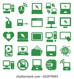 Pc icons set. set of 25 pc filled icons such as no laptop, laptop connection, finger on tablet, mouse, tablet, pc, document in folder, computer mouse, hard disc, cpu in heart