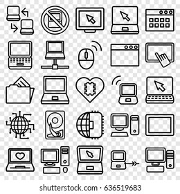 Pc icons set. set of 25 pc outline icons such as no laptop, laptop connection, finger on tablet, tablet, pc, document in folder, computer mouse, hard disc, display