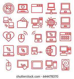 Pc icons set. set of 25 pc outline icons such as no laptop, laptop connection, finger on tablet, mouse, tablet, pc, document in folder, computer mouse, hard disc, display