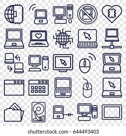 Pc icons set. set of 25 pc outline icons such as no laptop, laptop connection, mouse, tablet, pc, document in folder, computer mouse, hard disc, display, cpu in heart