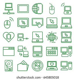 Pc icons set. set of 25 pc outline icons such as no laptop, laptop connection, finger on tablet, mouse, tablet, document in folder, pc, computer mouse, hard disc, display