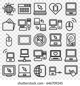 Pc icons set. set of 25 pc outline icons such as no laptop, laptop connection, finger on tablet, mouse, tablet, pc, document in folder, computer mouse, hard disc, display