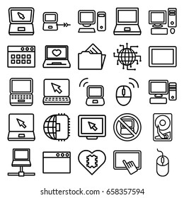 Pc icons set. set of 25 pc outline icons such as no laptop, laptop connection, finger on tablet, mouse, tablet, pc, document in folder, computer mouse, hard disc, display