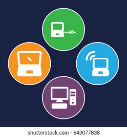 Pc icons set. set of 4 pc filled icons such as laptop connection, laptop, pc