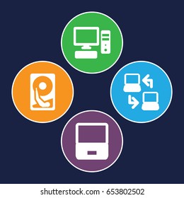 Pc icons set. set of 4 pc filled icons such as pc, laptop connection, hard disc