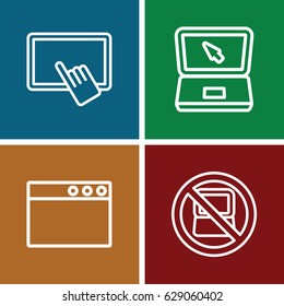 Pc icons set. set of 4 pc outline icons such as no laptop, finger on tablet, laptop