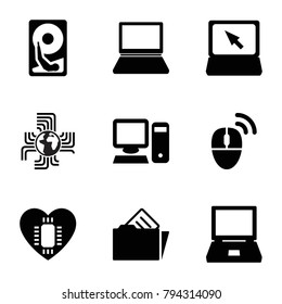 Pc icons. set of 9 editable filled pc icons such as laptop, document in folder, pc, computer mouse, hard disc, cpu in heart